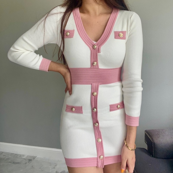 DAIMARAN Dresses & Skirts - DAIMARAN Bombay Women's Dress Bodycon White Pink With Buttons Long Sleeves S